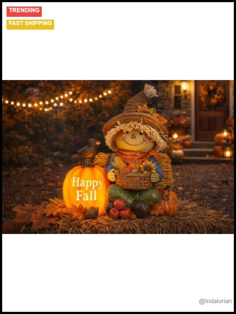 Solar Lighted Fall Scarecrow Pumpkin Resin Statue Garden Decor Thanksgiving